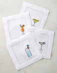 SFERRA Bevande cocktail napkins feature a Martini, Margarita, Orange Crush and Blue Hawaiian on hemstitched linen napkins.