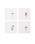 SFERRA Bevande cocktail napkins feature a Martini, Margarita, Orange Crush and Blue Hawaiian on hemstitched linen napkins.