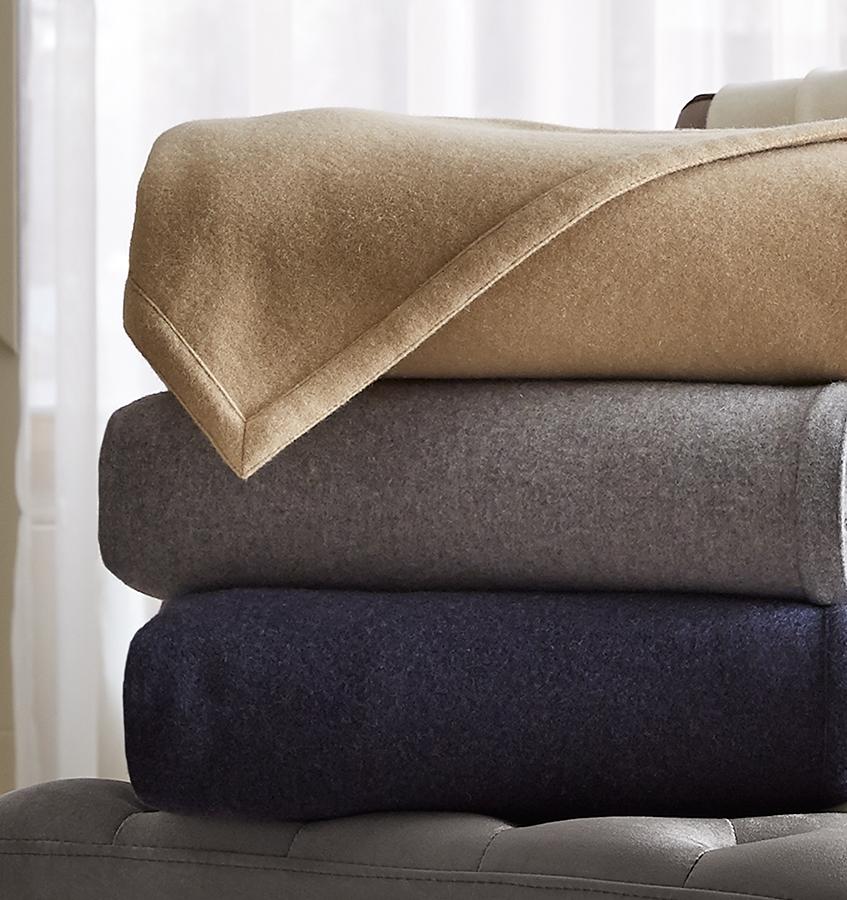 SFERRA Vimmo Blanket Cover stack in Beige, Grey, and Navy