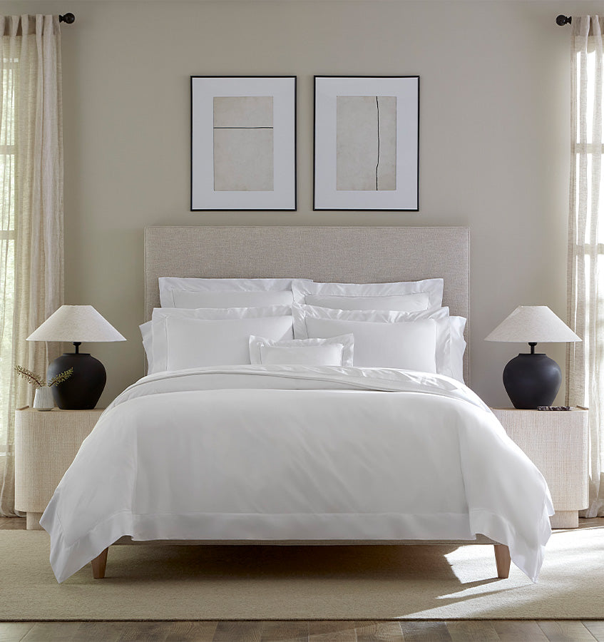 Sferra Giza 45 Percale Sheets on luxury bed - best crisp Egyptian cotton sheets at Rafael Interiors NYC