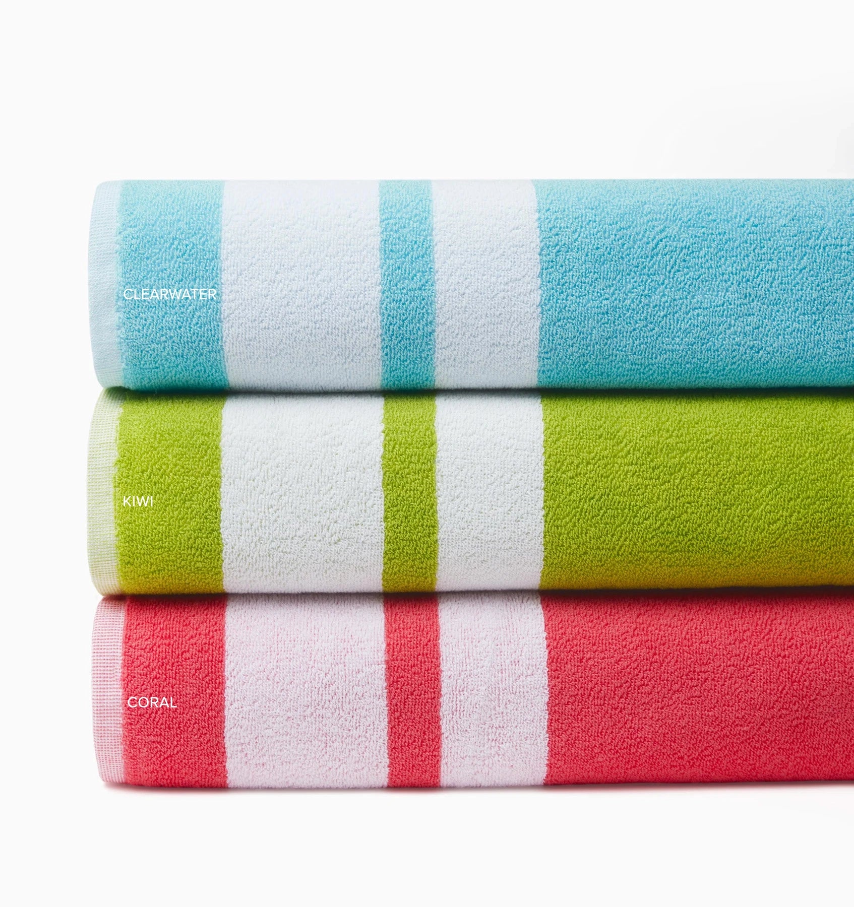 Mareta beach towel stack clearwater, kiwi, coral with each color labeled