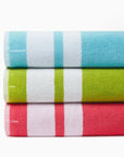 Mareta beach towel stack clearwater, kiwi, coral with each color labeled