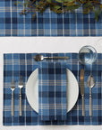 Masseria table linens in Cadet/Navy table setting including the napkin, placemat and table runner.