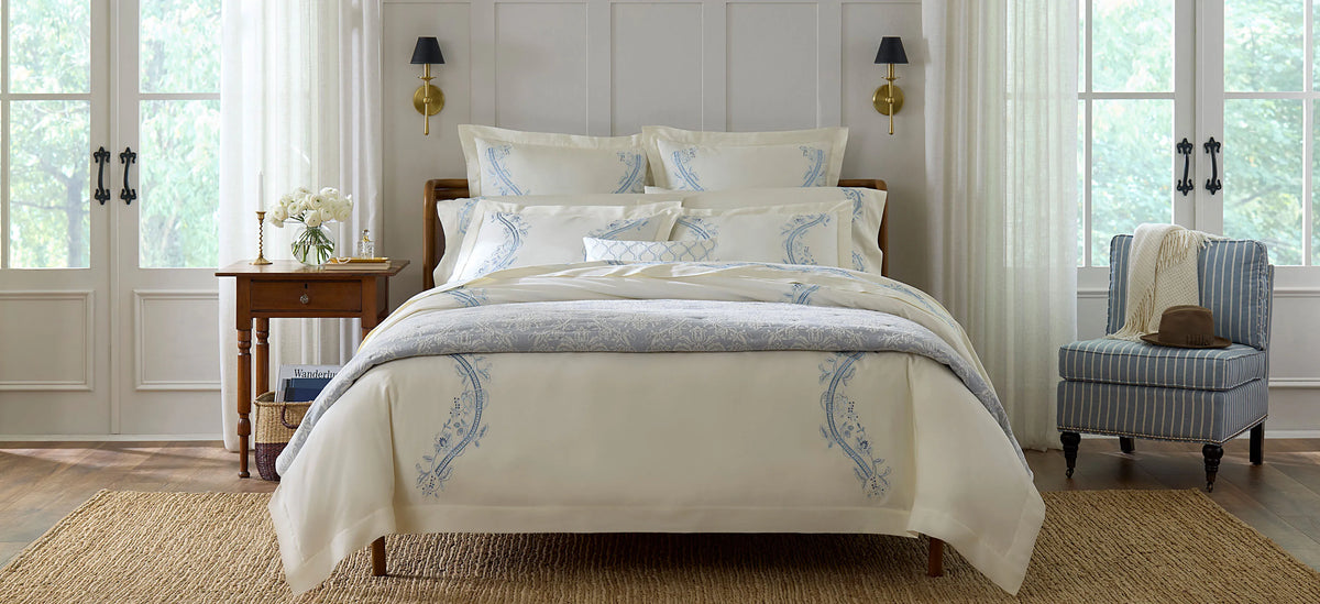 Isabella ivory/sea embroidery sateen bed