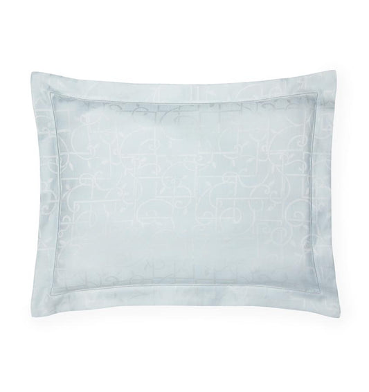 Silhouette image of a light blue sateen sham woven with a white trellis pattern against a white background.
