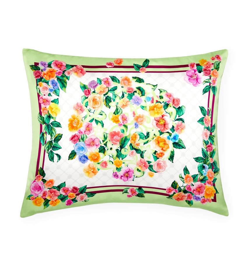 Silhouette image of a silk SFERRA Moda sham printed with multi-color floral patterns against a white background.