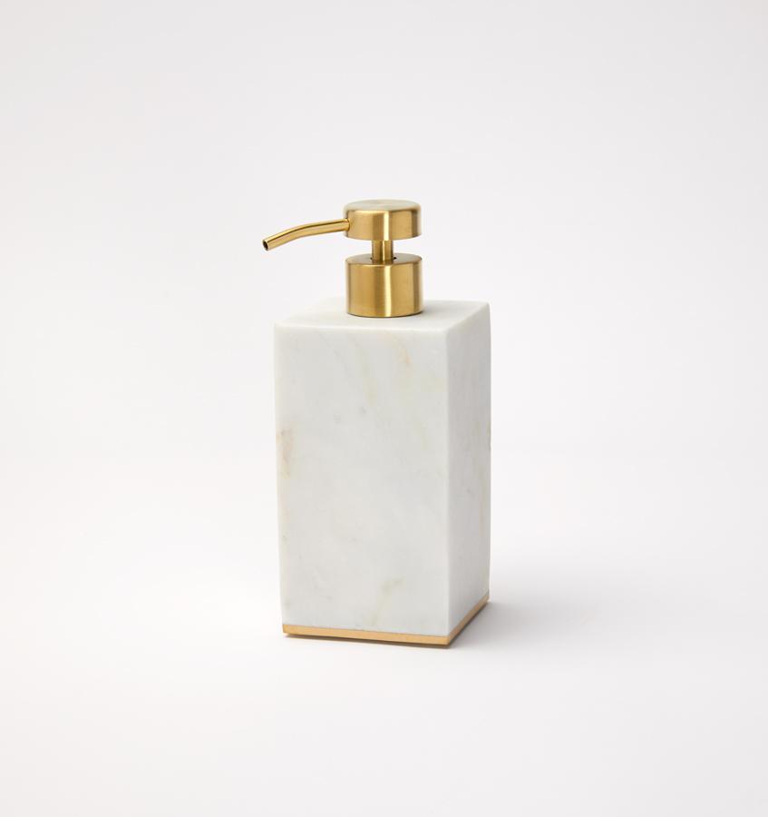 A gold-trimmed marble SFERRA soap dispenser against a white background.