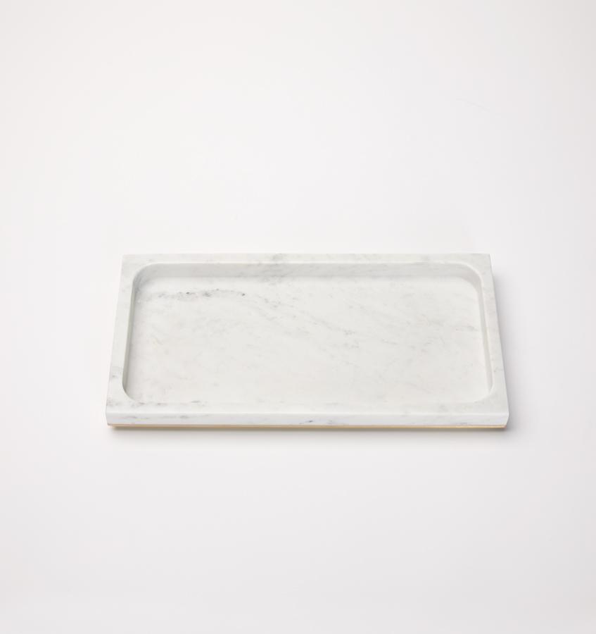 Rectangular gold-trimmed marble storage tray against a white background.