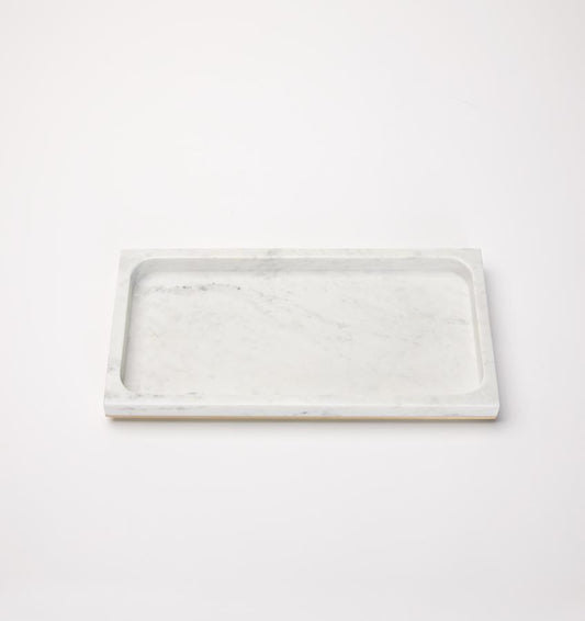 Rectangular gold-trimmed marble storage tray against a white background.
