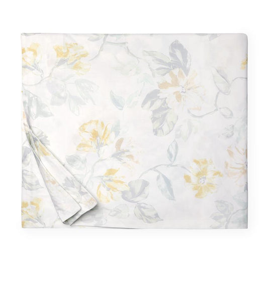 Silhouette image of a white cotton percale duvet cover with a light yellow floral motif against a white background.