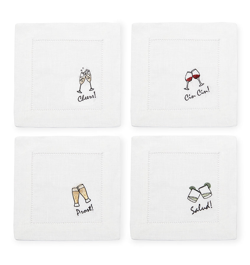 SFERRA Cheers cocktail napkins feature a cheerful selection of four drinks on hemstitched linen napkins.