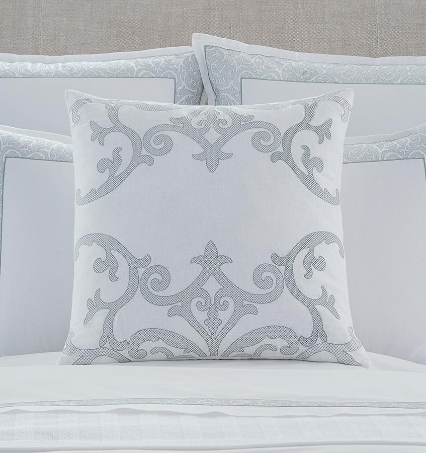 SFERRA Filigree Embroidered White/Seagreen Issia Decorative Pillow