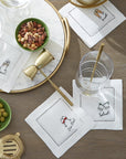 SFERRA Cheers cocktail napkins feature a cheerful selection of four drinks on hemstitched linen napkins.