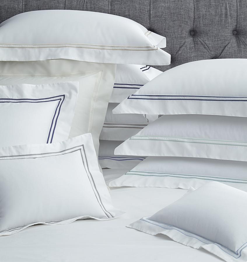 SFERRA luxury Grande Hotel percale fitted sheet is embroidered with satin stitch like the crisp, tailored sheeting gracing the world's finest hotels.